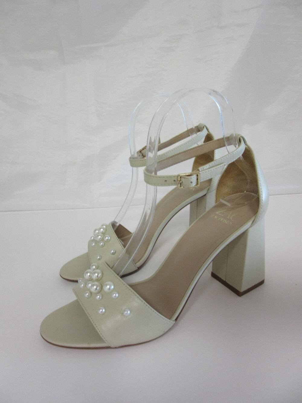 ZAC Zac Posen Beige Leather Bead Embellished 38 Block Heel Open Toe Heels